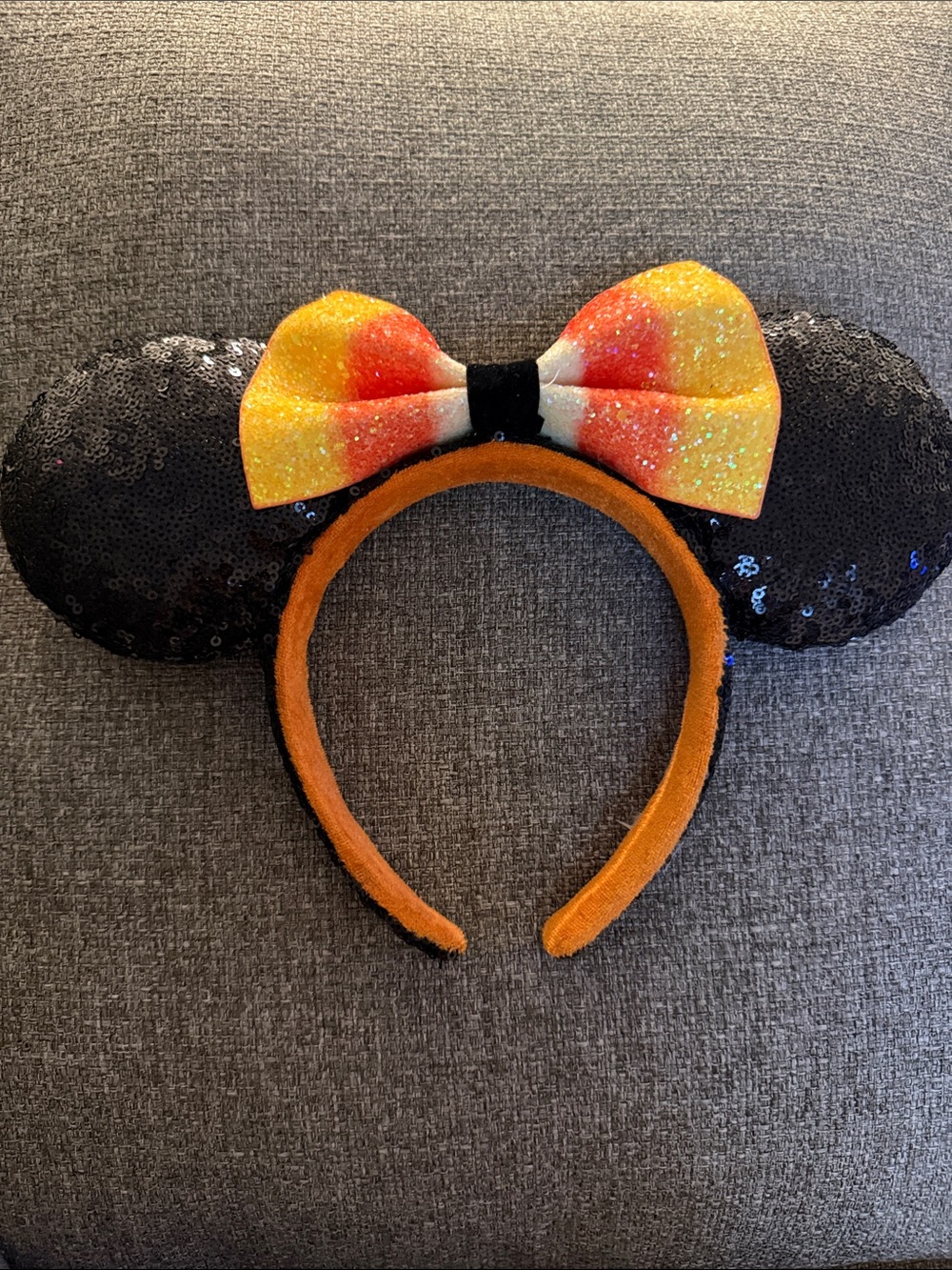 Sequin Black Mouse Ears Headband with Candy Corn Bow
